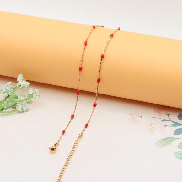 "Red Beaded Yellow Gold Necklace+ 2 Inch Adjustable Chain, XPNL0297 - Picture 11 of 12